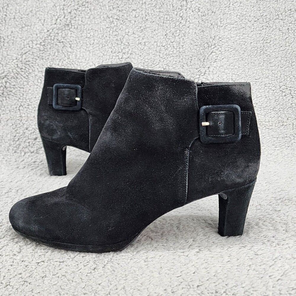 Rockport Womens Heel Ankle Boots 8.5 Black Suede Zip Buckle Comfort Office Shoes